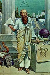 Artistic depiction of an ancient philosopher teaching mathematics with geometric shapes and diagrams.